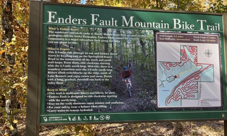 Sign for Enders Fault Mountain Bike Trail at Woolly Hollow State Park. 